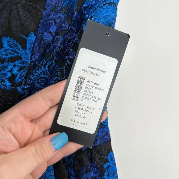 David Meister Women's Strapless Floral Lace Cobalt Blue Black Ballgown Dress‎ 8 - Picture 5 of 10